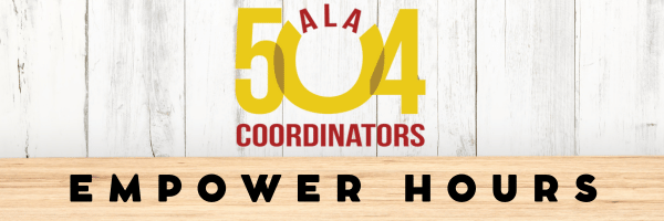 Graphic promoting the 504 Empower Hours 2024-25 series presented by Julie J. Weatherly, Esq., featuring key dates and topics such as Section 504, ADA, and IDEA compliance, student disability rights, disciplinary practices, and service animals in schools.