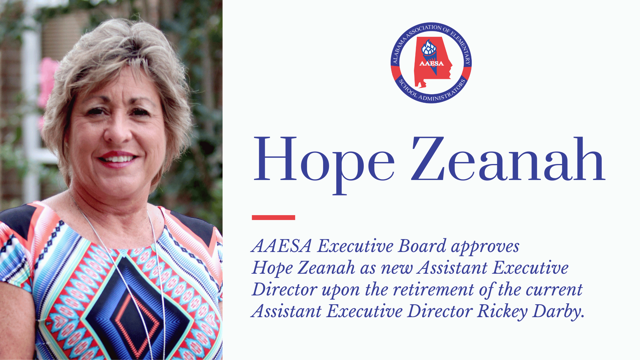 Hope Zeanah, newly appointed Assistant Executive Director of AAESA, smiling in a colorful patterned top.