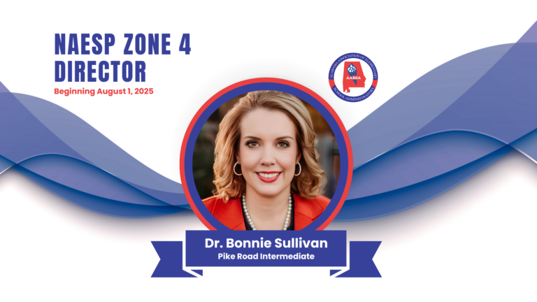 A professional headshot of Dr. Bonnie Sullivan, newly elected NAESP Zone 4 Director, with a blue and red graphic background featuring the AAESA logo and text announcing her term beginning August 1, 2025.