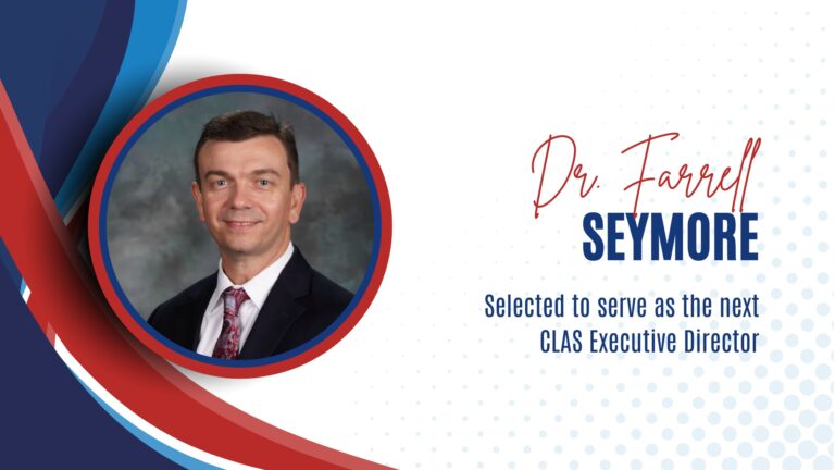 Portrait of Dr. Farrell Seymore with text announcing his selection as the next CLAS Executive Director.