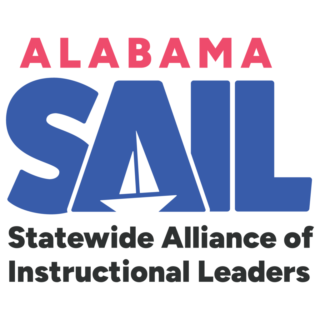 Logo for the Alabama Statewide Alliance of Instructional Leaders (ALSAIL). The design features the word “ALABAMA” in pink above large blue letters spelling “SAIL,” with a sailboat silhouette incorporated into the letter “A.” Below, the full organization name appears in dark gray text on a black background.