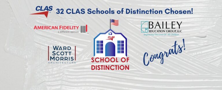 2025 CLAS Schools of Distinction announcement graphic recognizing 32 Alabama public schools, sponsored by American Fidelity, Bailey Education Group, and Ward Scott Morris Architecture.