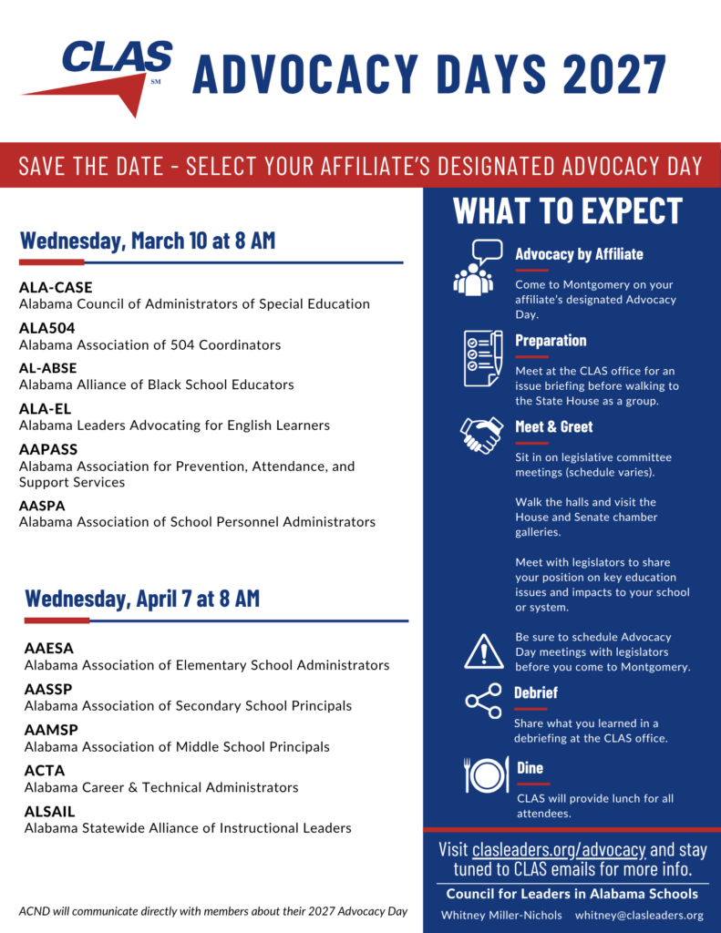 CLAS Advocacy Days 2027 flyer - Wednesday March 10 at 8 AM for ALA-CASE, ALA504, AL-ABSE, ALA-EL, AAPASS, and AASPA; and Wednesday, April 7 at 8 AM for AAESA, AASSP, AAMSP, ACTA, and ALSAIL. The blue sidebar contains details about the experience.